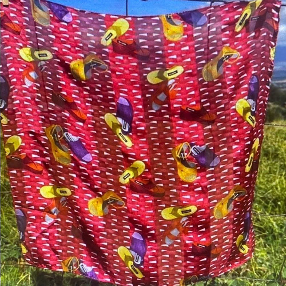 Vintage 80s Retro Kenneth Cole Red Sandal Print Silk Scarf Square Neck Hair Tie